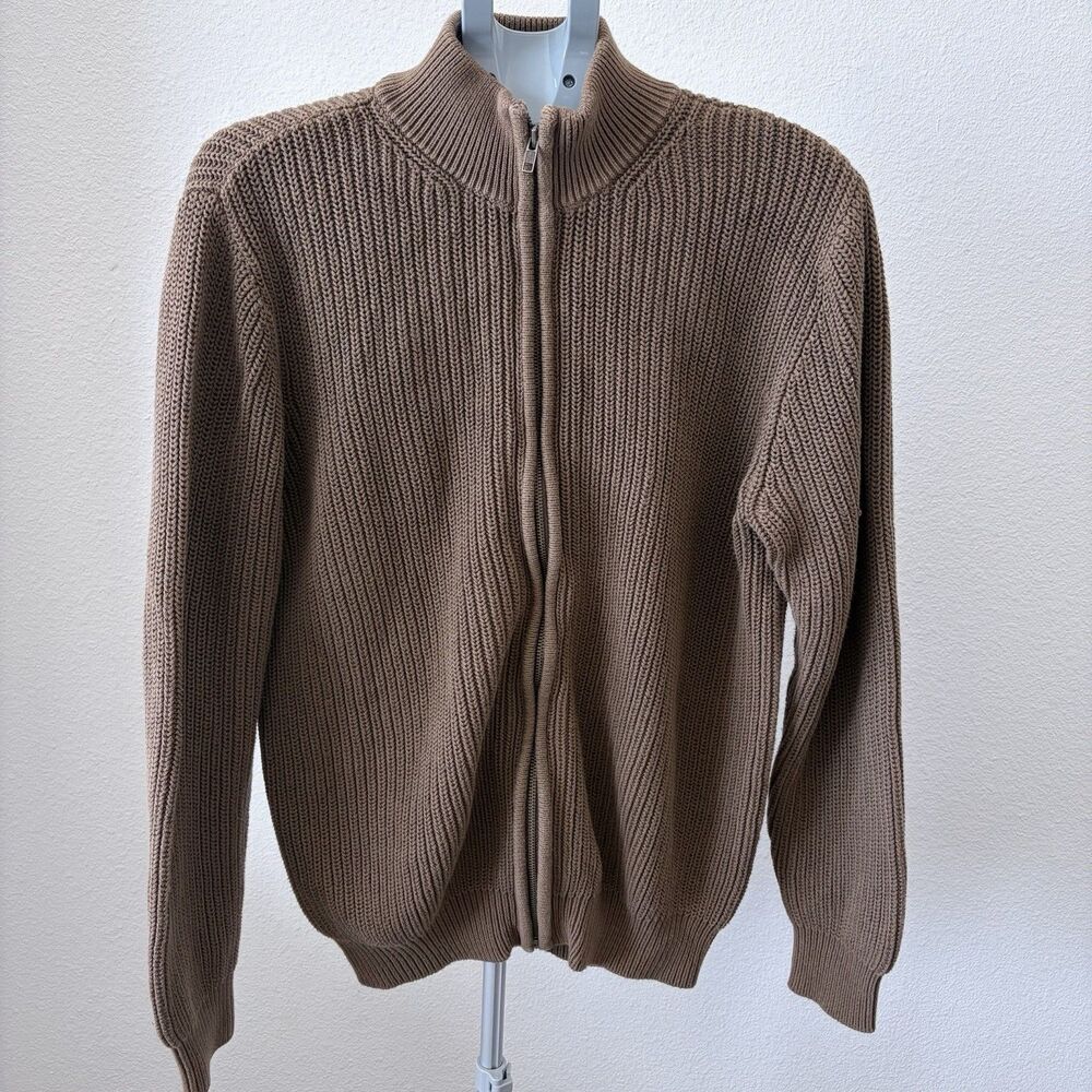 LL Bean Sweater Mens LG Brown Full Zip Cotton Mock Neck Preppy‎ Minimalist Golf